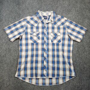 Wrangler Shirt Mens 2XL Blue Brown Plaid Western Pearl Snap Short Sleeve‎